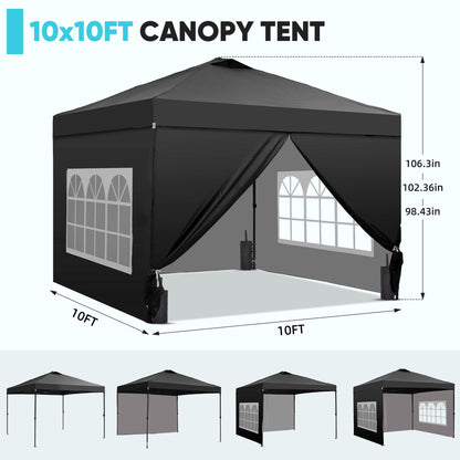 GDY 10x10 Pop Up Canopy Tent with 4 Sidewalls, Easy Set up with One Push Lift Outdoor Silver Coated Beach Gazebos, Carpas with 4 Sandbags, for Events, Parties,Camping, Black.