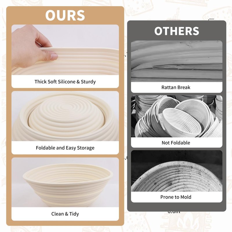 2Pcs Silicone Banneton Bread Proofing Baskets, 10" Oval & 9" Round Foldable Non-Stick Dough Proofing Bowl Containers-BPA Free, Optimum Sourdough Bread Baking Supplies(Beige)