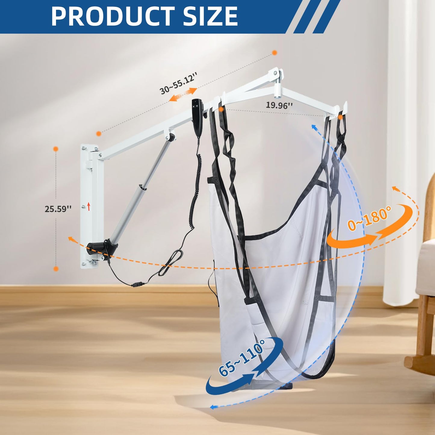 GxRichstar Wall-Mounted Patient Lift with Sling, Portable Electric Transfer Lift for Disabled, Elderly, Handicap, Remote Control, White