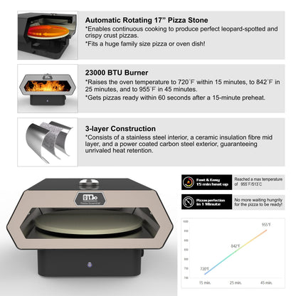 16" Propane Gas Portable Outdoor Pizza Oven w/Pulse Ignition, Auto Rotating Stone and Thermometer - Carry Bag, Peel, Cutter, 1 Lb. Cylinder Adapter and 4 Ft. Hose w/Regulator Included