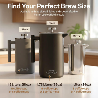 SterlingPro Stainless Steel French Press Coffee Maker 1.75 L (59 oz) Grey – Double Walled Insulated Extra Large French Press, Durable Design Keeps Drinks Hot, Easy to Use and Clean for Rich Flavor