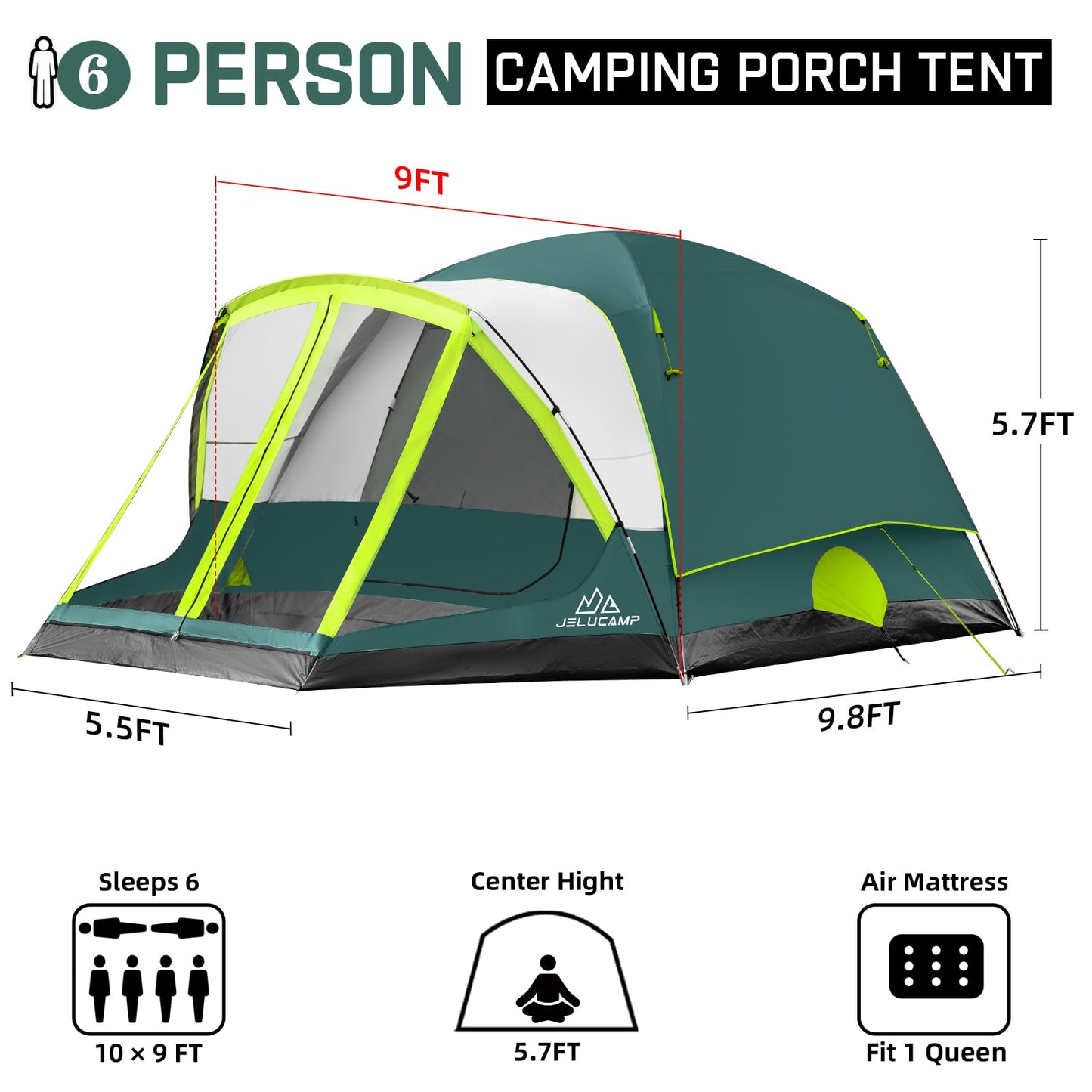 JELUCAMP 6/8 Person Large Waterproof Family Tents for Camping, Screened Camping Tent with Screen Porch, Bug-Free Relaxation & Easy Setup, Includes Rainfly & Carry Bag, Dark Green