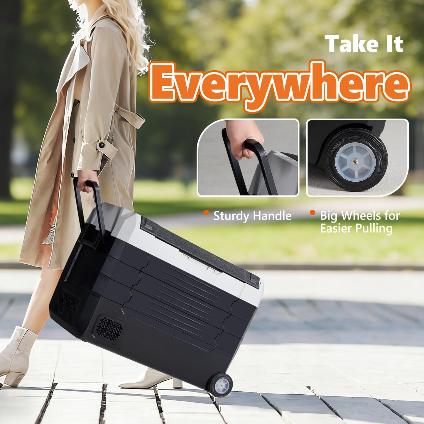 OLIXIS Portable Car Refrigerator, 53QT Dual-Zone Electric Cooler for Vehicles with Wheels & Cutting Board, -4℉-68℉ Freezer Smart Control via Bluetooth, Battery Protection, 12/24V DC & 100-240V AC