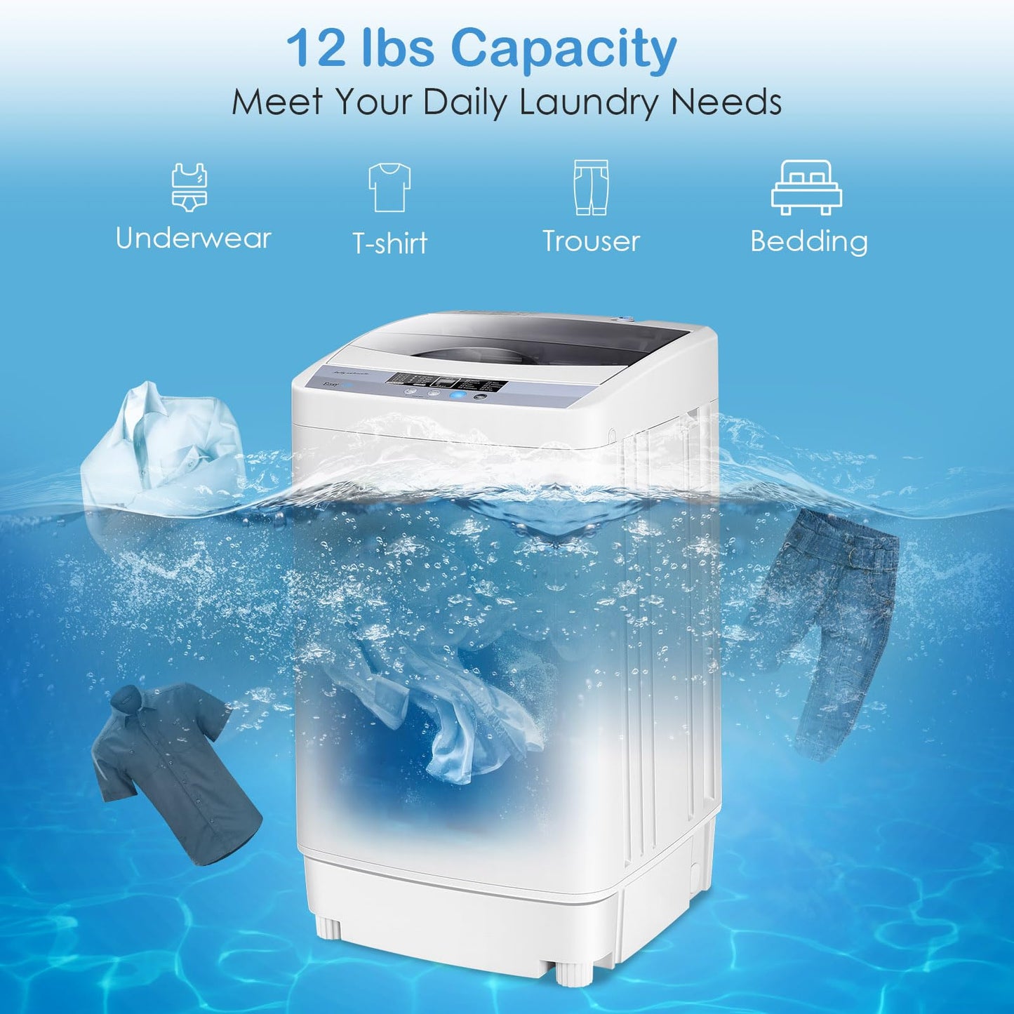 Giantex Washing Machine Portable Compact 12lbs Capacity Full-Automatic W/Drain Pump,10 programs 8 Water Level 1.34 Cu.ft Cloth Washer and Spinner