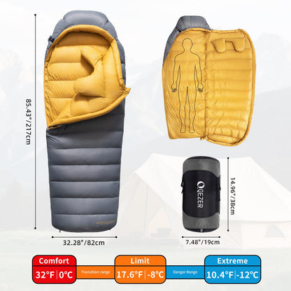 QEZER Down Sleeping Bag for Adults 620 Fill Power 0 Degree Sleeping Bag Cold Weather Ultralight with Pouch for Backpacking, Camping, Hiking