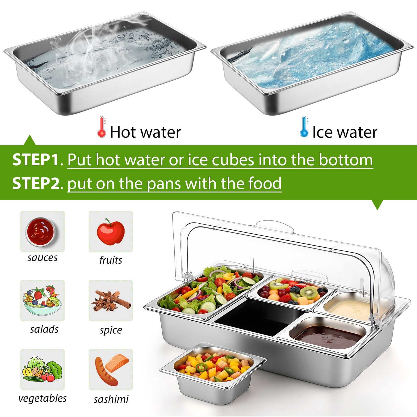 Ziliny Countertop Food Serving Display Container and Clear Roll Top Cover Stainless Steel Food Serving Tray Buffet Condiment Dispenser Display Rack for Restaurant Hotel Kitchen Party (21 x 13 x 11)