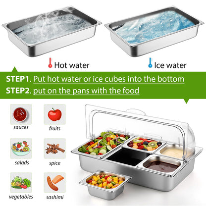 Ziliny Countertop Food Serving Display Container and Clear Roll Top Cover Stainless Steel Food Serving Tray Buffet Condiment Dispenser Display Rack for Restaurant Hotel Kitchen Party (21 x 13 x 11)