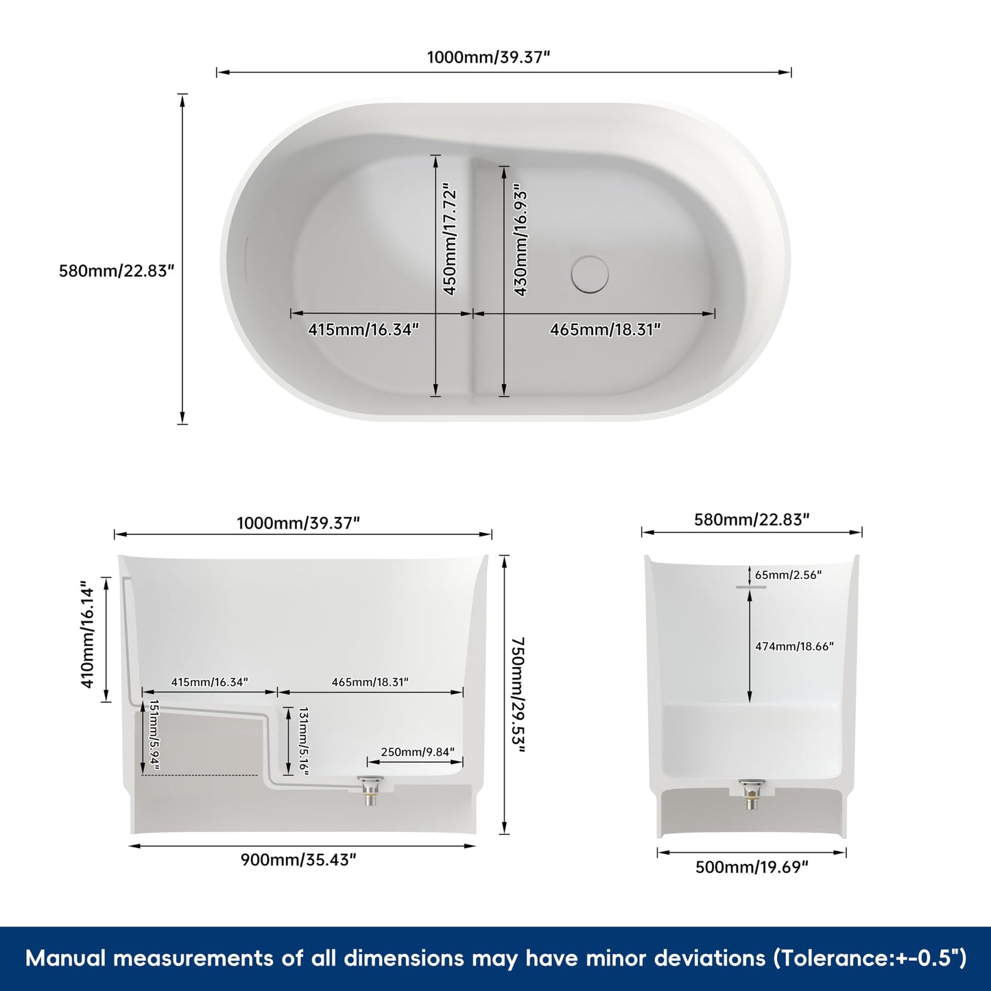 MEDUNJESS 39" Stone Resin Janpanese Soaking Tub, Freestanding Deep Soaking Bathtub with Seat Desgin,Toe-tap Chrome Right Drain, Slotted Overflow, cUPC Certified, in Matte White