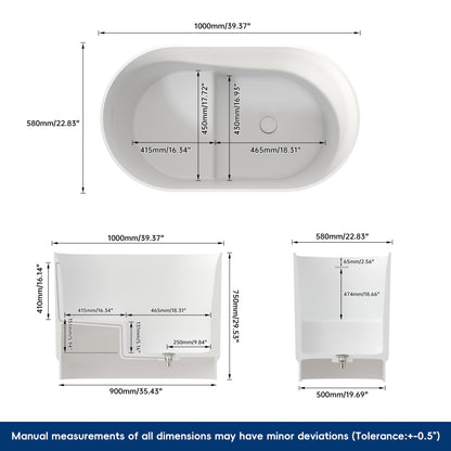 MEDUNJESS 39" Stone Resin Janpanese Soaking Tub, Freestanding Deep Soaking Bathtub with Seat Desgin,Toe-tap Chrome Right Drain, Slotted Overflow, cUPC Certified, in Matte White