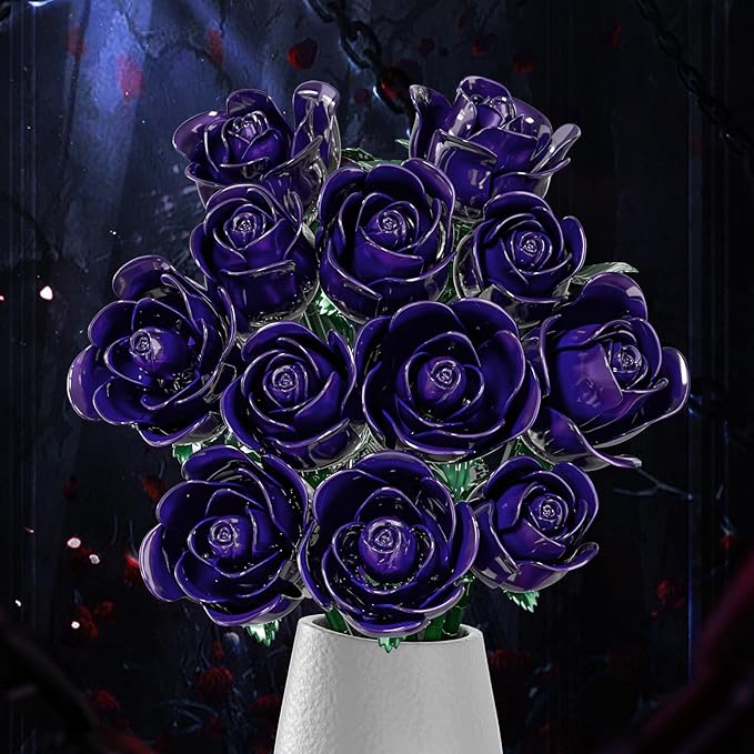 Purple Rose Bouquet Building Set for Girls &amp Boys - 12 Pack Botanical Collection Gift for Easter Basket Artificial Flowers Botanical Collection Centerpiece Retro Decor