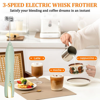 TonJin Frother Wand Rechargeable USB-C Milk Frother Handheld Mixer Electric with 2 Whisk Heads, 3 Speeds Adjustable Coffee Drink Mixer for Lattes, Matcha, Hot Chocolate, Egg, Matcha(Green)