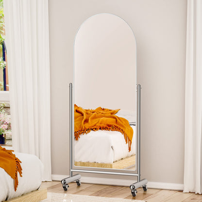 AISUNDY Arched Mobile Full Length Floor Mirror on Rolling Wheels, 65" Lx23 W Large Modern Tilting Swivel Mirror with Stainless Steel Frame, Silver, Use for Dressing,Dancing,Fitness,Gym Exercise