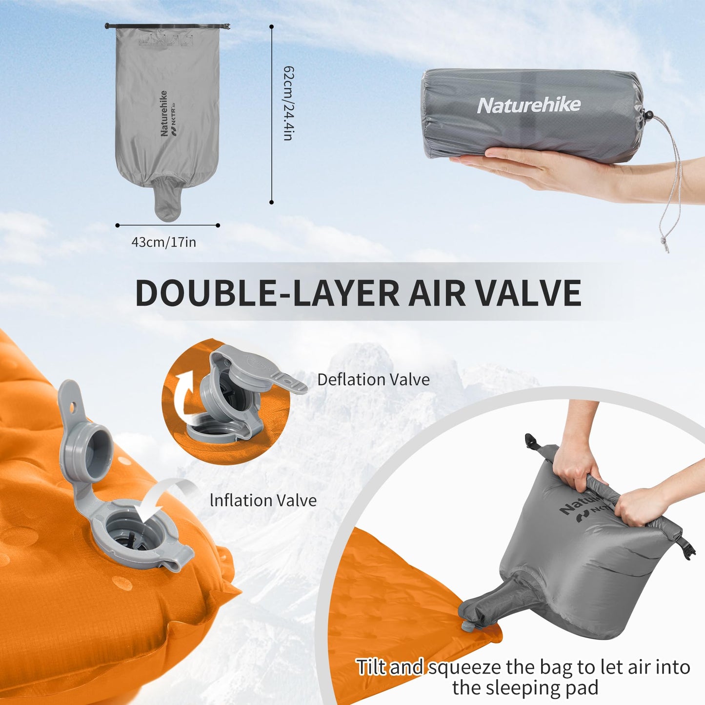 Naturehike Ultralight Insulated Sleeping Pad with R5.8, 3.2in Thickened Patchworkable Inflatable Double Sleeping Mat for Camping, Hiking, Climbing with Inflatable Bag (Orange-Rectangular-Large)