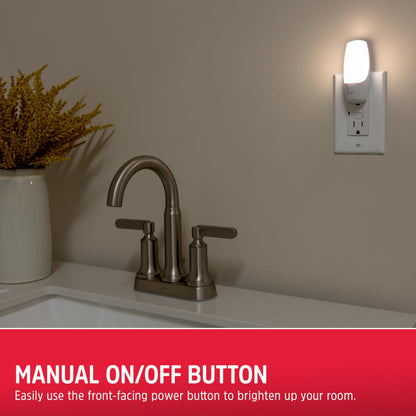 Energizer Manual On/Off LED Night Light Plug-in, Push Button, Compact, Contemporary, for Bedroom, Livingroom, Hallway, Bathroom, Nursery, Basement, White, 84135, 2 Pack