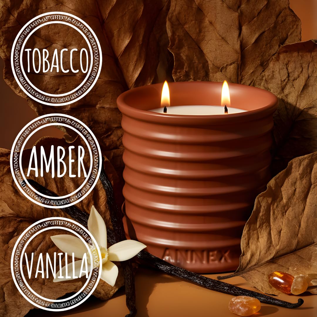 Annex Tobacco, Vanilla & Amber Luxury Scented Candle - 8oz Handmade Ceramic Jar Candle - 50hr Clean Burn, 100% Non-Toxic Soy Wax, Aesthetic Home Decor Winter Gift for Men & Women - Oud & Sandalwood
