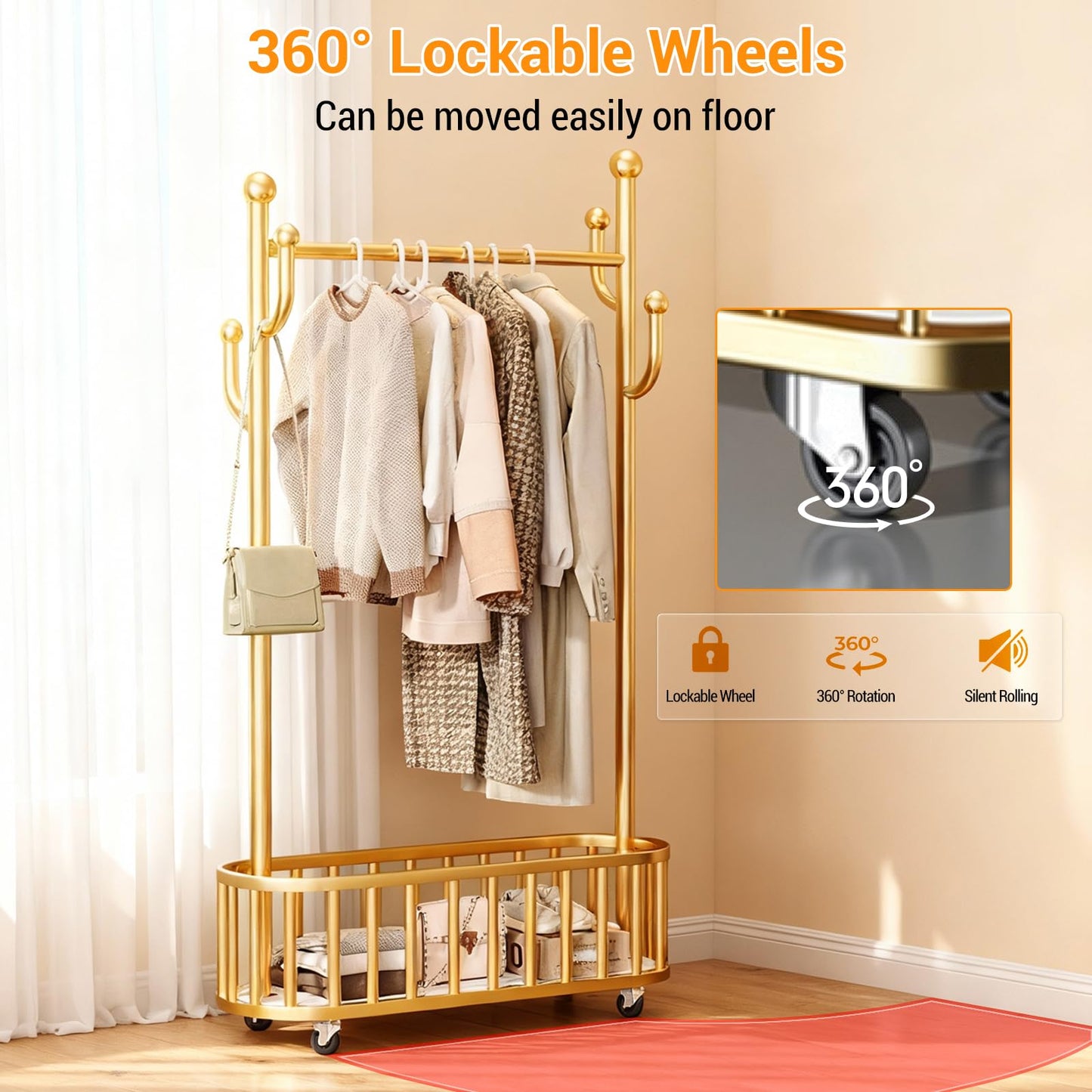 CuisinSmart Rolling Clothes Rack with Wheels, 68.9 Inch Tall Heavy Duty Metal Gold Garment Rack with Basket, Movable Portable Clothes Rack for Bedroom 100cm Black