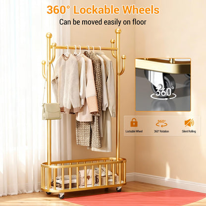 CuisinSmart Rolling Clothes Rack with Wheels, 68.9 Inch Tall Heavy Duty Metal Gold Garment Rack with Basket, Movable Portable Clothes Rack for Bedroom 100cm Black