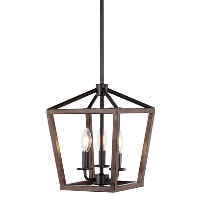JONATHAN Y 10in 3-Light Industrial Lantern Pendant, Metal, Faux Wood-Oil Rubbed Bronze, Model JYL1321A