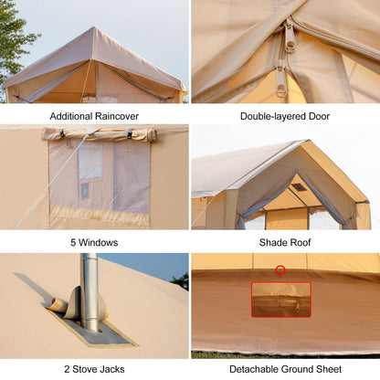 WaldZimmer Cotton Canvas Wall Tent with Rain Canopy Waterproof Outdoor Tent for Hunting Family 4 Season Camping Tents Heavy Duty Steel Frame&PVC Floor, Beige