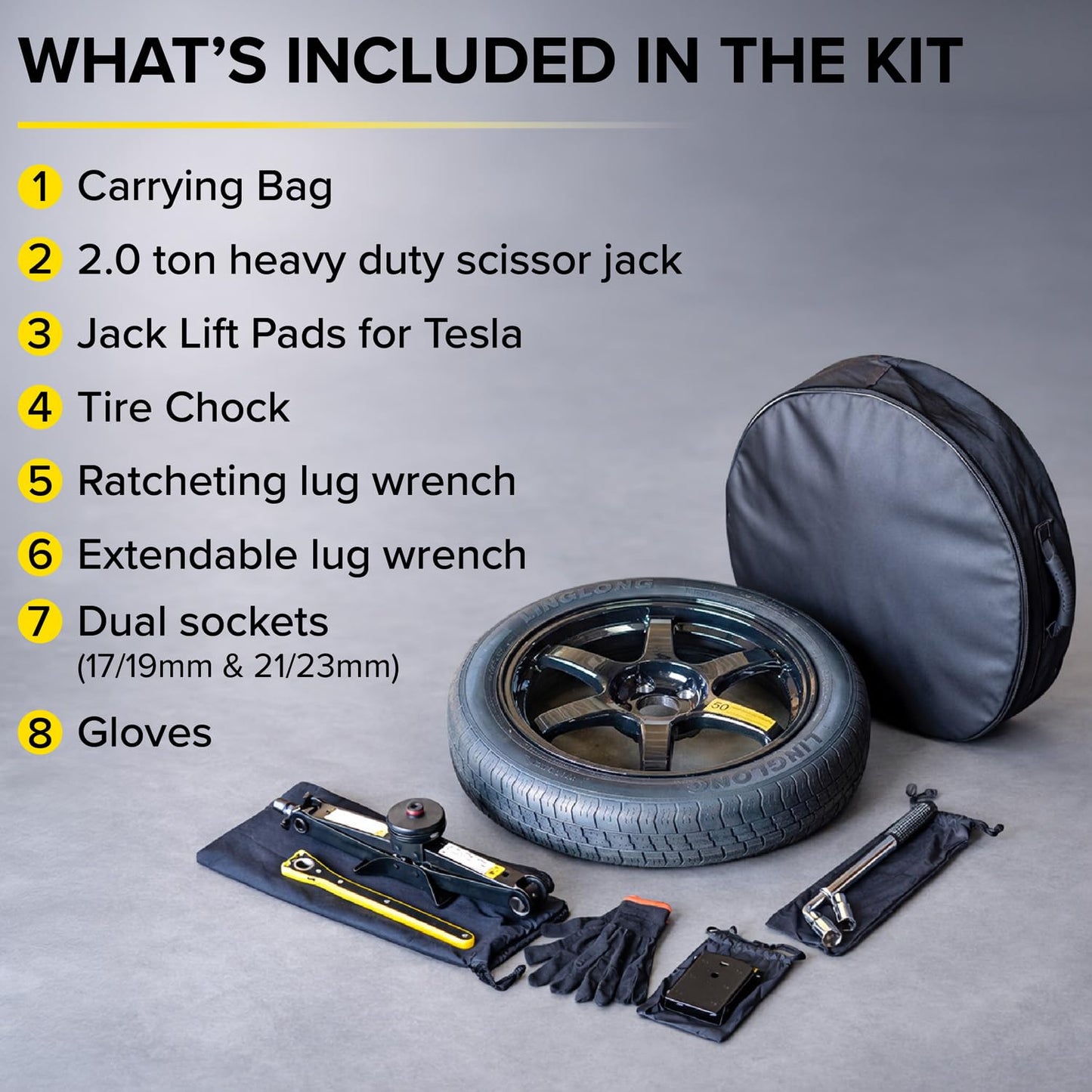 StanceMagic Complete Spare Wheel Tire Kit Fits 2017-2026 Tesla Model 3 Long Range RWD, 18x4 Rim, 125/80R18 Tire, 2 Ton Scissor Jack, Tools, Carrying Bag, Also fits Highland