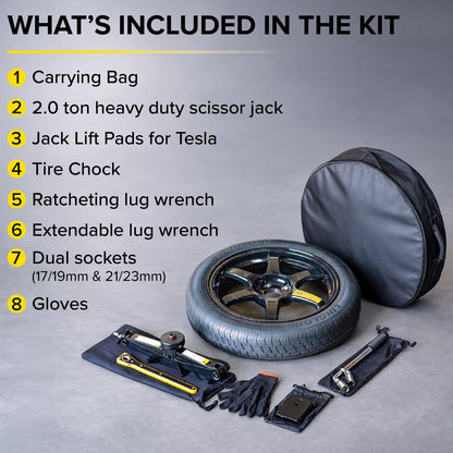 StanceMagic Complete Spare Wheel Tire Kit Fits 2017-2026 Tesla Model 3 Long Range RWD, 18x4 Rim, 125/80R18 Tire, 2 Ton Scissor Jack, Tools, Carrying Bag, Also fits Highland