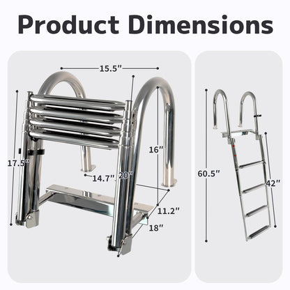 Manumarine 4 Step Heavy Duty 316 Stainless Steel Boat Ladder | Telescoping Folding Rear Entry Dock Swim Deck Ladder with Handrails & Extra Wide Steps, 600lbs Capacity Marine Grade