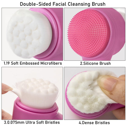 Face Brush 2 in 1, Facial Cleansing Exfoliating Scrubber Brush, Silicone Double Side Manual Face Wash Scrub Brush with Soft Bamboo Charcoal Fiber for Deep Pore Cleansing, Massaging, Skin Care