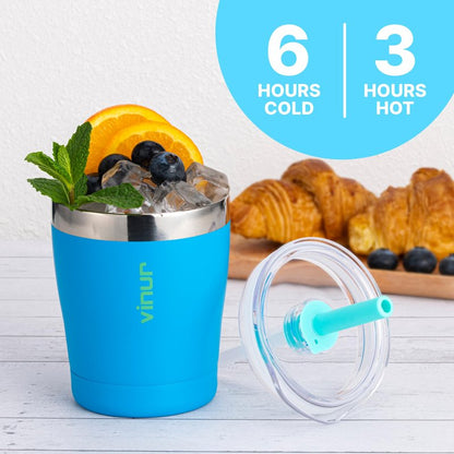 VINUR Kids 9 oz Tumbler with Lid and Straw|18/8 Stainless Steel Insulated Drinking Cup with Silicone Base|Spill Resistant|Gift for Girls and Boys, Sky Blue