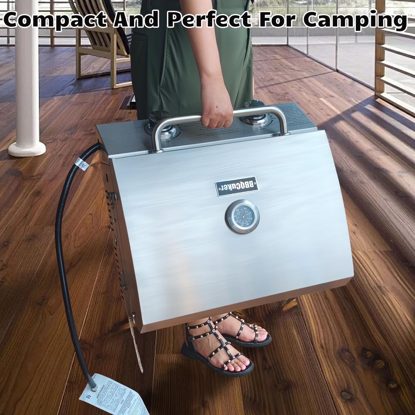 BBQCuker Small Tabletop Gas Grill 2-Burner, Portable Propane Gas Grill with Foldable Legs for Outdoor Camping Cooking Two 10,000 BTU Burners Stainless Steel,Built-in Thermometer