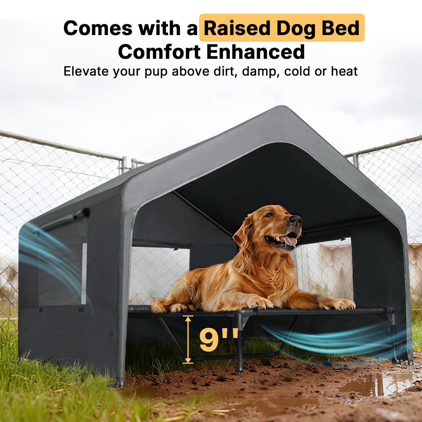 Veehoo Extra Large Dog House Outdoor with Elevated Dog Bed, Outside Dog Tent 4.1'x4.1'x3.3', Weatherproof Dog Shade Shelter and Raised Bed Combo for Pets or Stray Animals, Grey, CWC2530CP