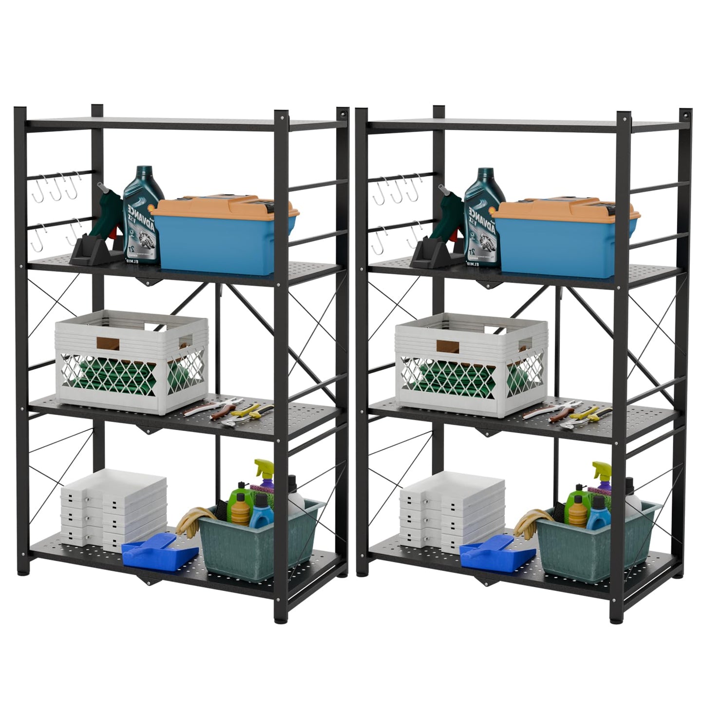INTER HUT 4 Tier Foldable Greenhouse Shelving Unit, Heavy Duty Steel Plant Stand Storage Rack, No Assembly Required, 130lbs Per Shelf Capacity, 28"x14.6"x44.7”, 2 Pack, Black