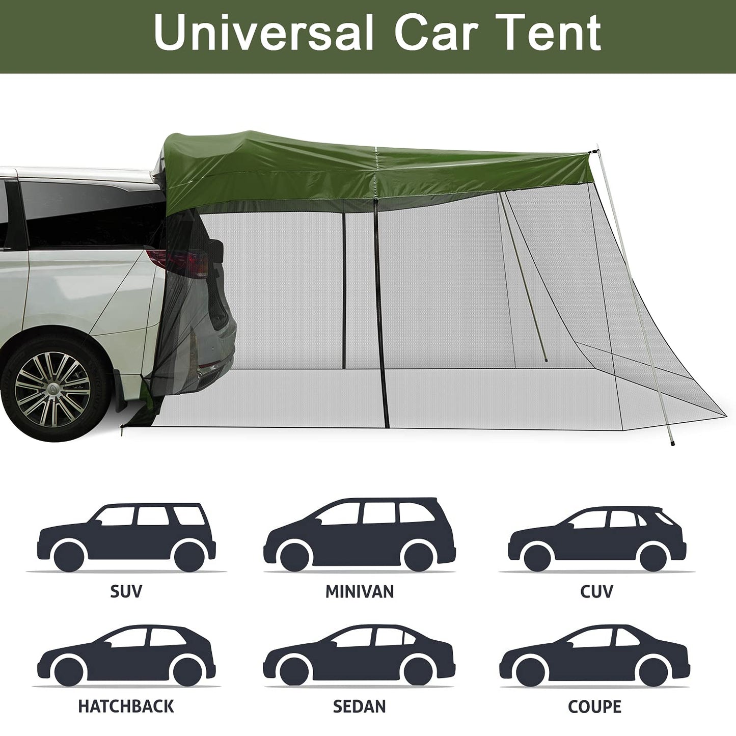 G4Free Car Awning Sun Shelter with Mosquito Net, Portable SUV Tent Tailgate Shade Canopy for Outdoor Camping Travel (Army Green)
