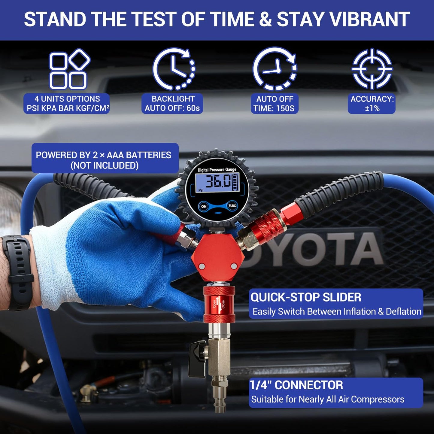 FACFUEL 4 Tire Inflation System, Fits Up to 200" Wheelbase, Rapid High Flow 4 Way Tire Inflator with Hard Case, Lock-On Air Chucks Manifold, Digital Gauge, Portable Off Road Tire Deflator