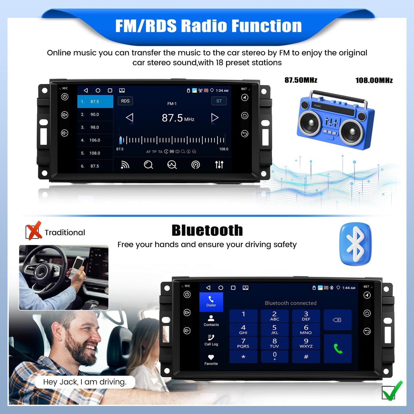 [4+64G] Android 15 Car Stereo for Jeep Wrangler JK 2007-2018/Compass/Patriot&Chrysler/Dodge RAM Charger,7 Inch Car Radio with Wireless Carplay&Android Auto|Bluetooth 5.0 FM/RDS WiFi GPS EQ SWC