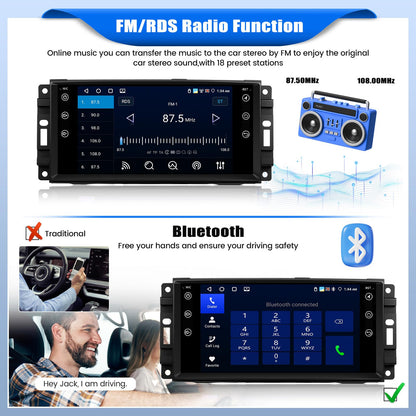 [4+64G] Android 15 Car Stereo for Jeep Wrangler JK 2007-2018/Compass/Patriot&Chrysler/Dodge RAM Charger,7 Inch Car Radio with Wireless Carplay&Android Auto|Bluetooth 5.0 FM/RDS WiFi GPS EQ SWC
