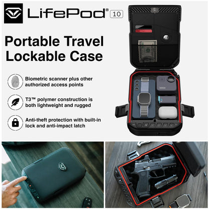 VAULTEK LifePod 10 Compact Lockable Weatherproof Case with Built-in Lock, Steel Security Cable, & TSA Handgun Case or Car Safe, Portable Travel Pistol Safe/Covert Black/Biometric