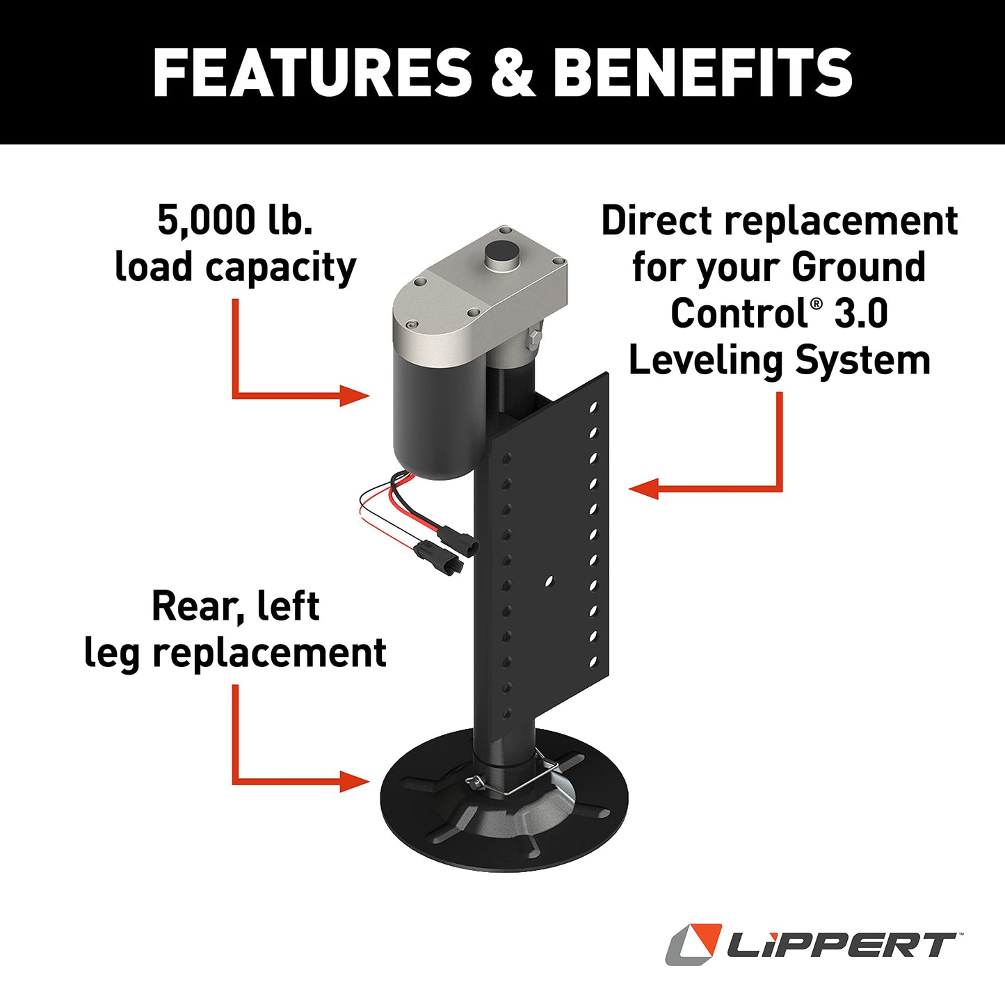 Lippert Ground Control 3.0 Automatic 5th Wheel RV Leveling System Rear Hall Effect Jack for Left Leg Replacement with 5,000-lb. Load Capacity - 305339