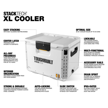 ToughBuilt XL Cooler, Stackable 38 Quart Hard Shell Chest for StackTech Boxes and Totes, White