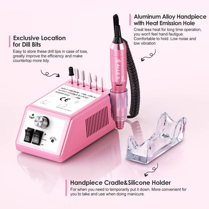 Professional Nail Drill Machine 30000 RPM Efile Electric Nail Filer Kit for Finger Toe Nails, Acrylic Gel Nails, Manicure Pedicure Drill with 6Pcs Nail Bits, 106Pcs Sanding Bands - Pink