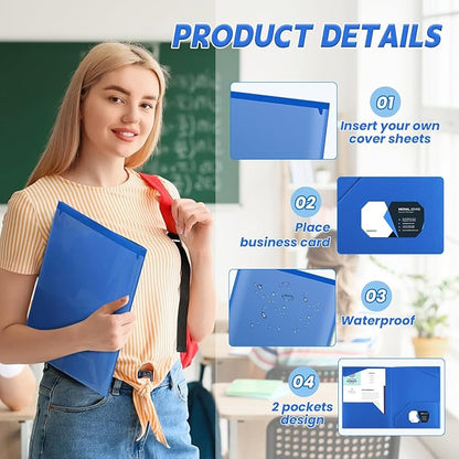 Henoyso 100 Pcs Plastic Folders with Clear Front Pockets Bulk Heavy Duty File Folders with 2 Pockets and Card Slot for Student Teacher Back to School Supplies Office Presentation (Blue)