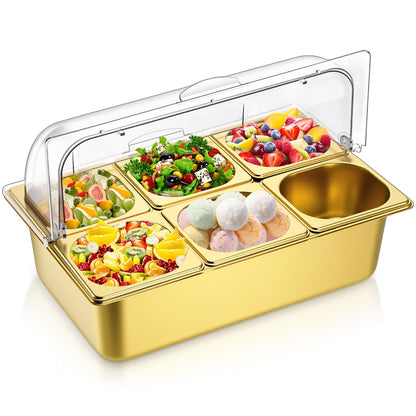 Ziliny Countertop Food Serving Display Container Clear Roll Top Cover 6 Pan Stainless Steel Ice Food Buffet Server Salad Bar Pizza Topping Station Condiment Dispenser Restaurant Kitchen Party(Gold)