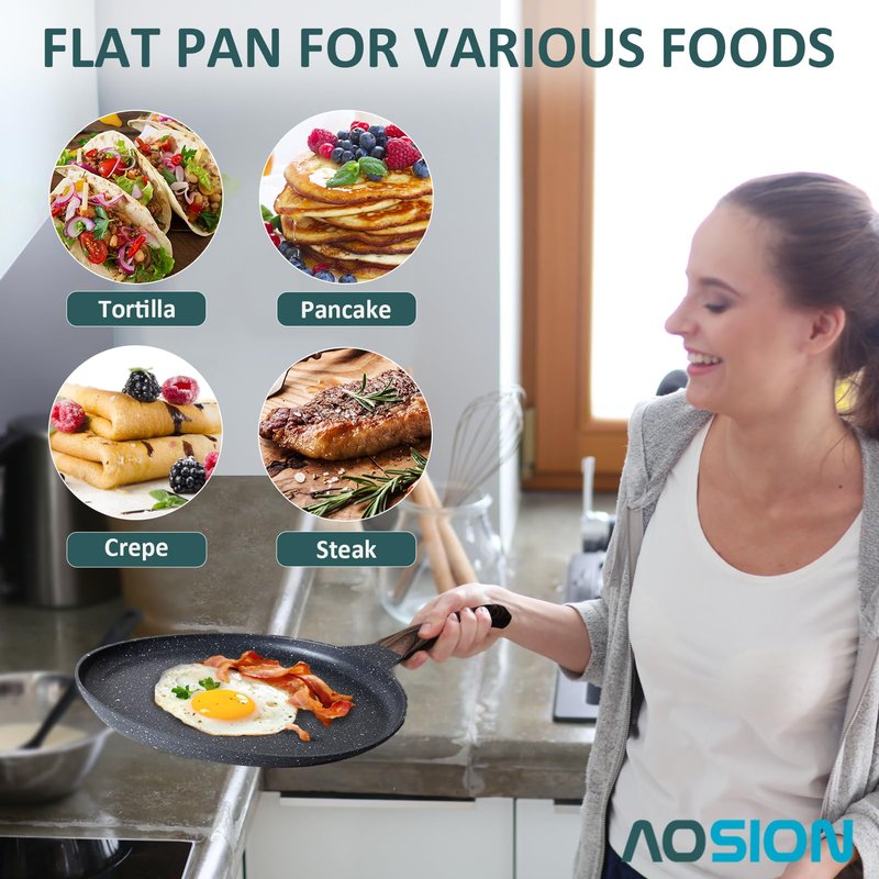 AOSION Nonstick Crepe Pan 9.5 inch,Ceramic Crepe Pan,Dosa Tawa Pan, Ceramic Coated PFOA-Free, Ergonomic Handle, With Pancake Tools, Forged Aluminum Induction Safe