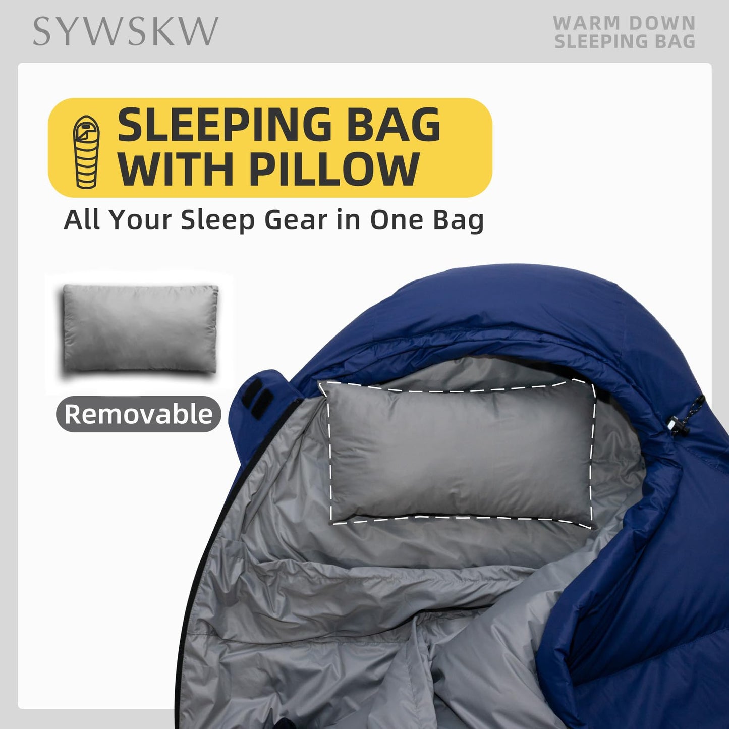 SYWSKW Down Sleeping Bag with Pillow for Backpacking,15℉ 5℉ 0℉ Wide Down Sleeping Bag (86.6 in x 33.5 in) for Adults,Teens,Youth Camping and Hiking Outdoor with 680FP Duck Down