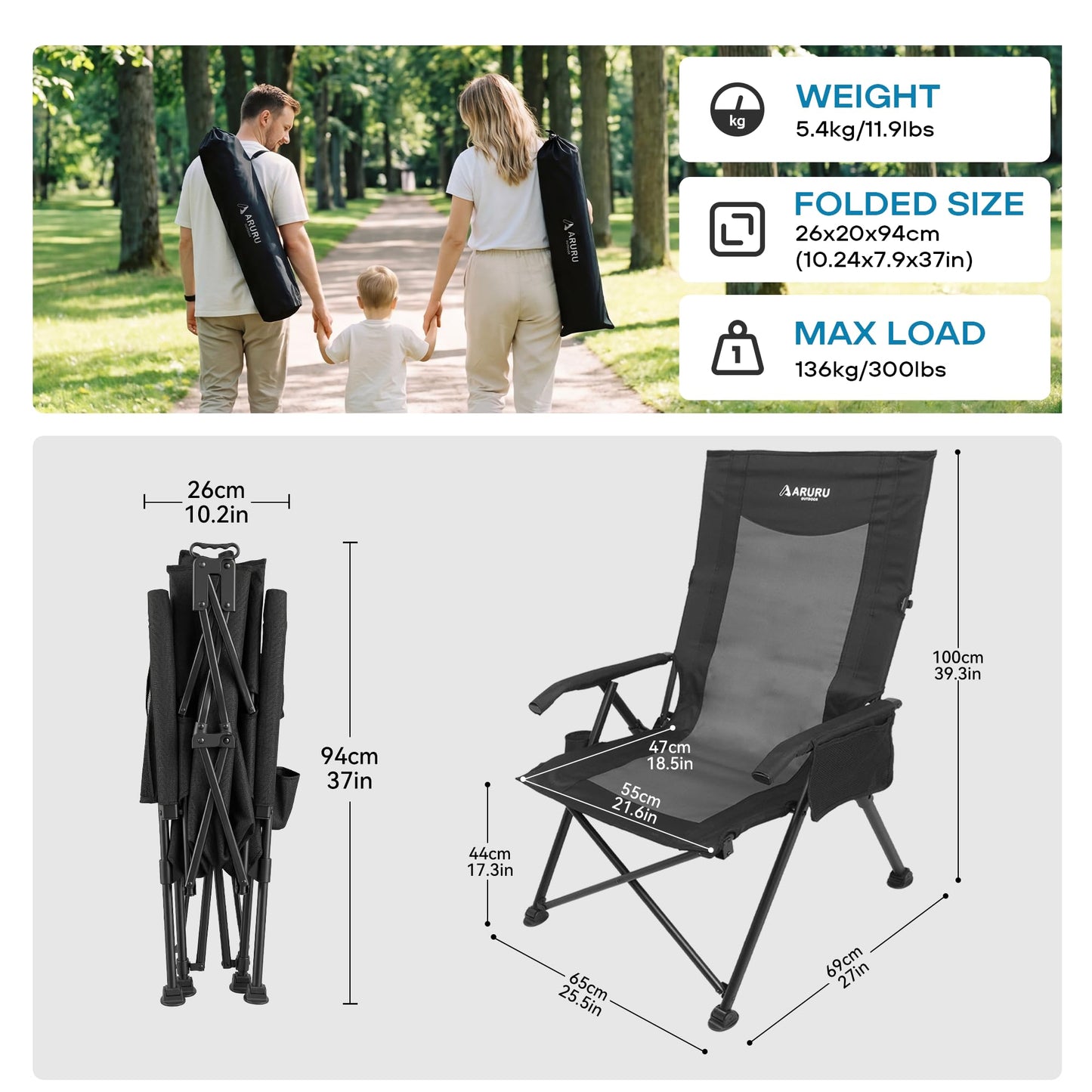 ARURU Reclining Camping Chair for Adults Heavy Duty, Folding Recliner Lawn Chairs with 6-Positions Adjustable High Back, Portable Patio Lounge Chairs for Outdoor Poolside Sports Beach