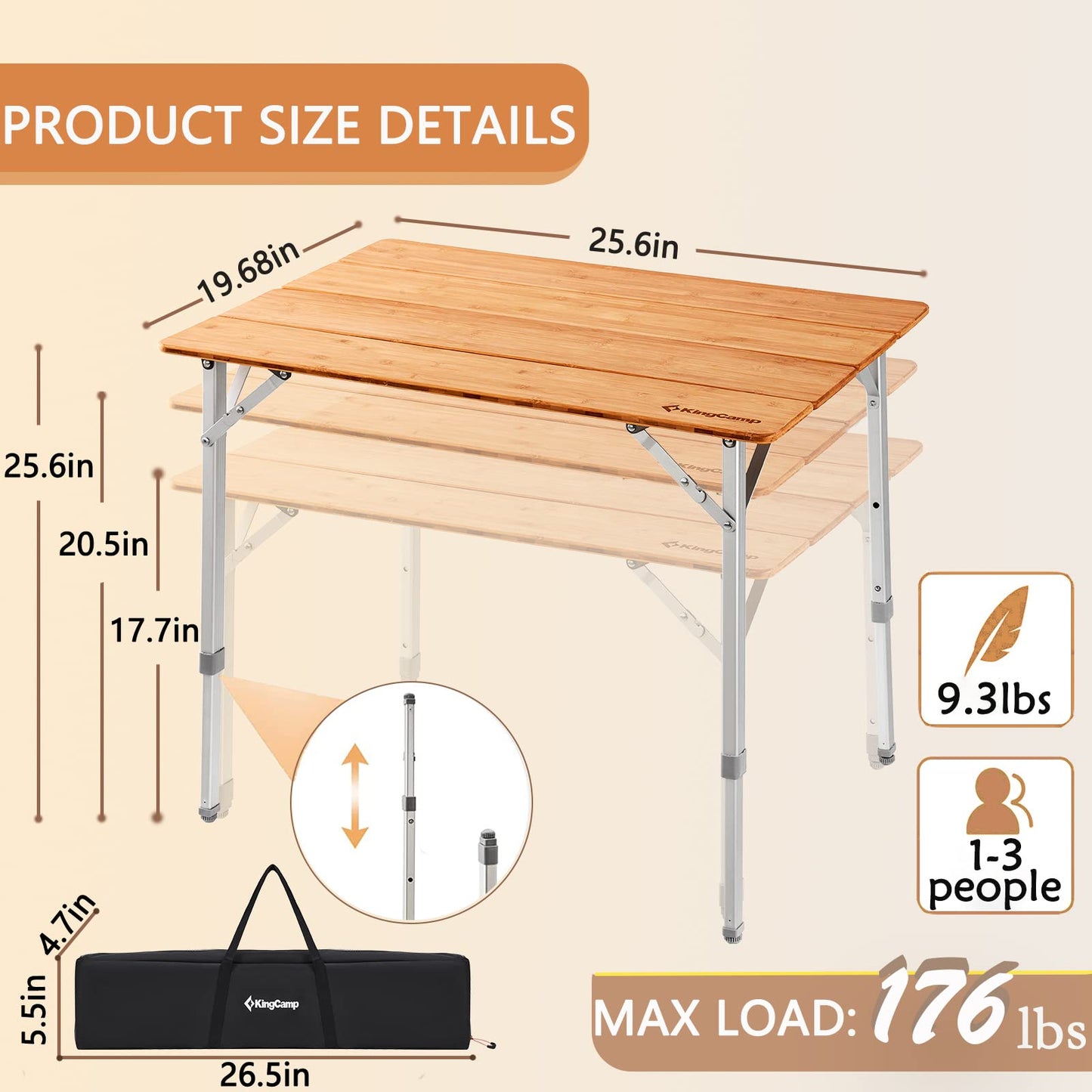 KingCamp Lightweight Stable Folding Camping Table Bamboo Outdoor Folding Tables Adjustable Height Portable Picnic