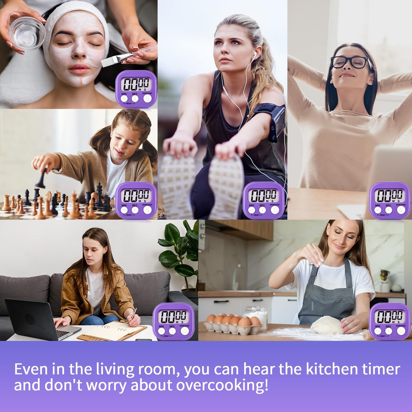 12 Pack Digital Kitchen Timer Magnetic Digital Timer with Big Display Loud Ring Cooking Timers for Kitchen Electronic Timer for Cooking, Bathing, Gym, Break Time, Classroom(12,White,Blue,Purple)