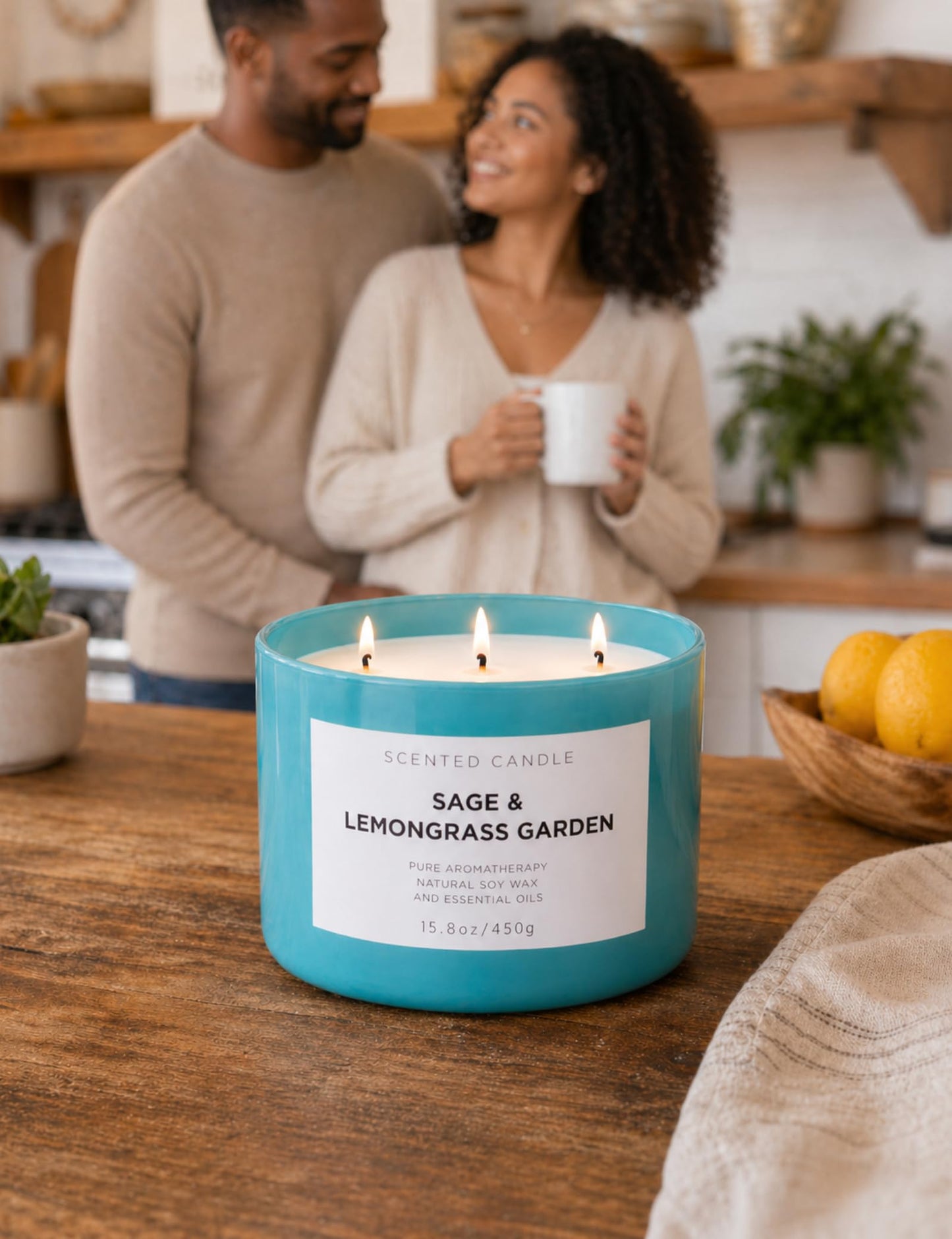 Sage Lemongrass Garden Scented Candle | 3 Wick Large Soy Candles for Home 15.8oz | Fresh Clean Herbal Citrus Candle | Long Lasting Clean Burn | Aromatherapy Stress Relief Gift for Women & Men