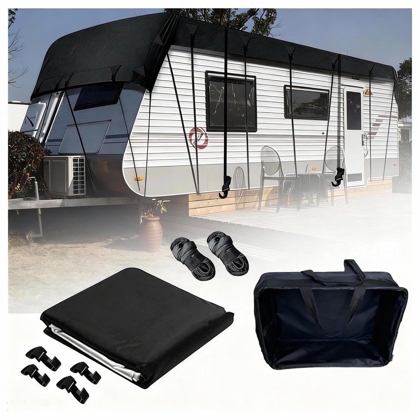 Wider 3.3m/10.83ft Camper roof Cover 210D Oxford Cloth Class C Rv Cover Wind, Rain and Snow Proof with 2 Extra Straps Black-49.2 x 10.8 ft