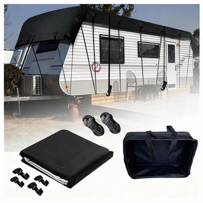 Wider 3.3m/10.83ft Camper roof Cover 210D Oxford Cloth Class C Rv Cover Wind, Rain and Snow Proof with 2 Extra Straps Black-49.2 x 10.8 ft