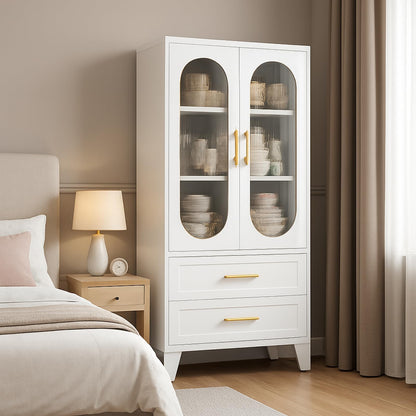 Takywep 73" Tall Pantry Cabinet, White Freestanding Storage Cabinet with Fluted Glass Door, 2 Spacious Drawers & Adjustable Shelves, Slim 14" Deep Organizer for Kitchen, Bathroom, Office, or Hallway